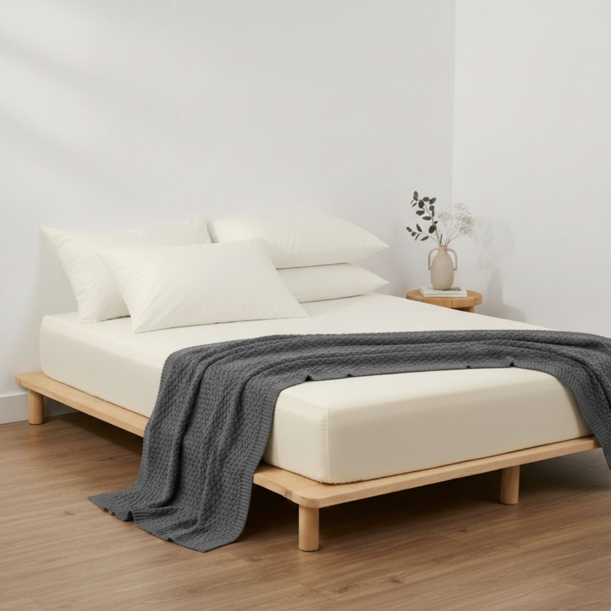 Smetanové saténové prostěradlo z bio bavlny s gumou