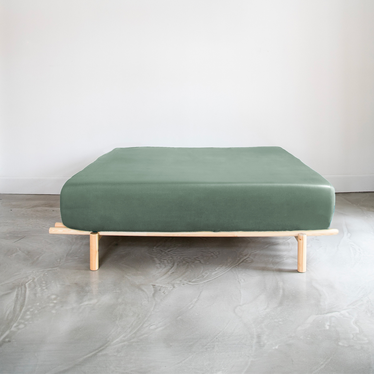 Sage green organic cotton satin fitted sheet with elastic
