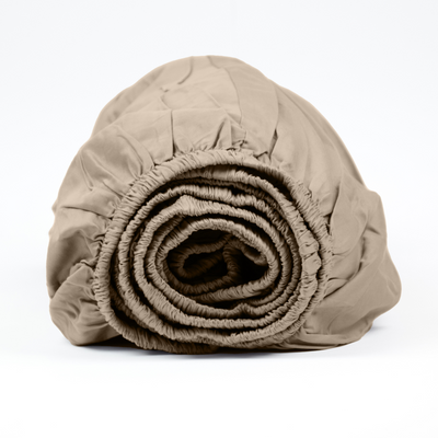 Sand beige organic cotton satin sheet with elastic