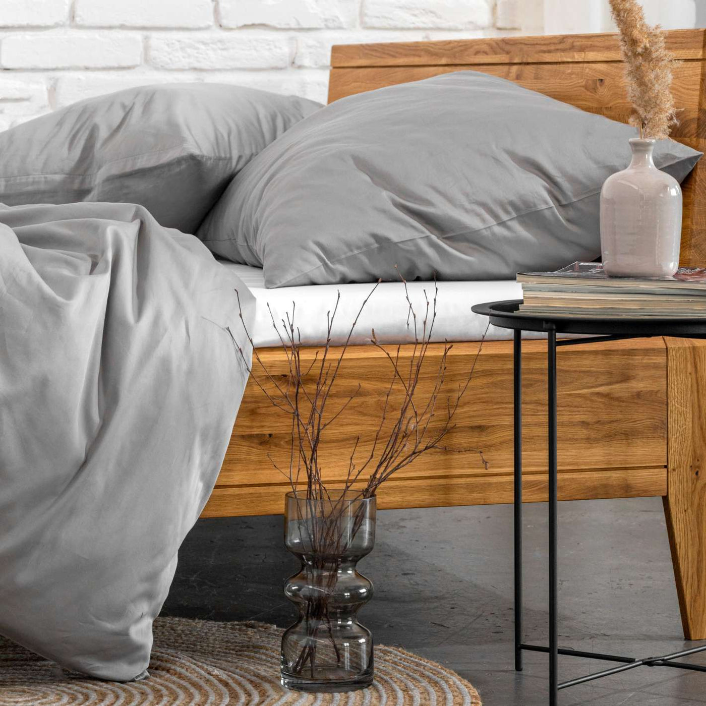 Stone gray organic cotton satin bedding